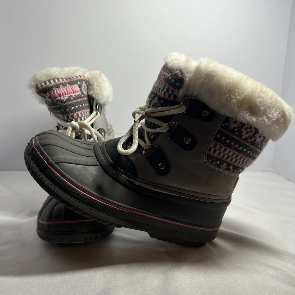 London Fog Girl's Lil Tottenham Snow Boot Grey/Lt Pink Size 3 Girls